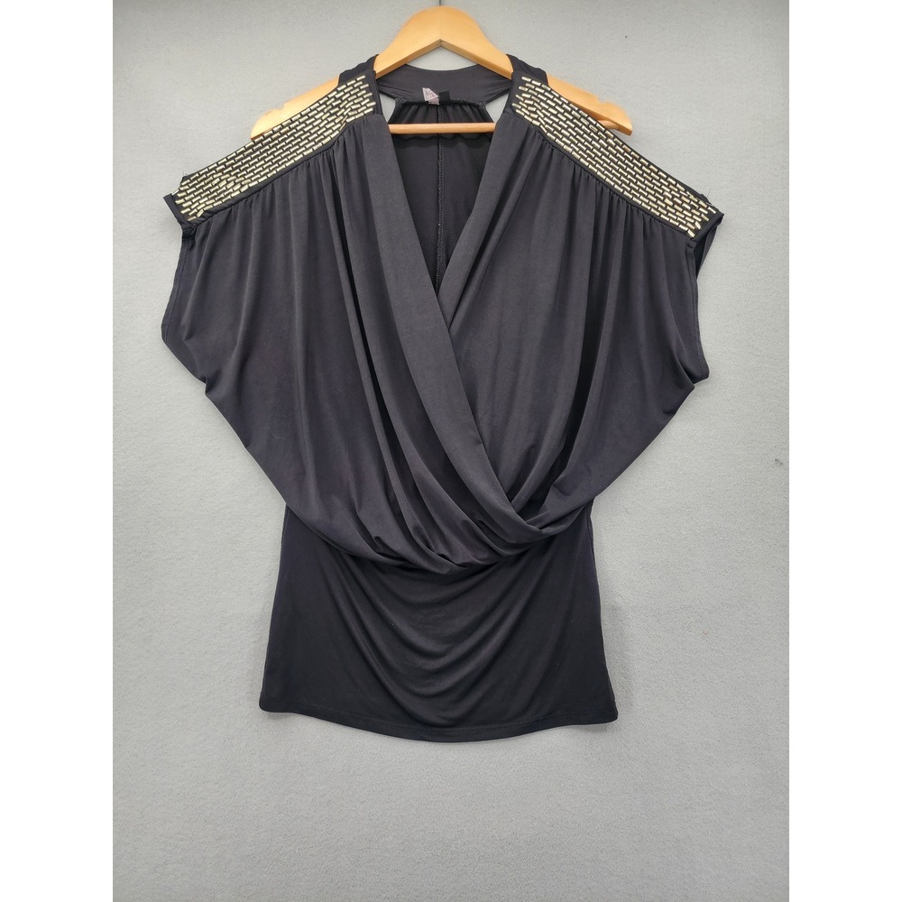 Forplay Black Studded Shoulder Drape Top Surplice Cutout Back Blouse Small